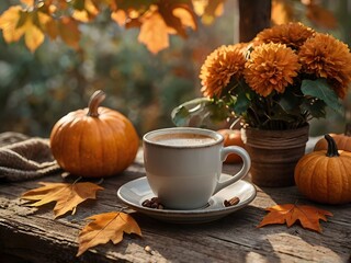 Cozy Autumn Coffee Scene with Rustic Wooden Table, Pumpkins, Foliage, and Rising Steam