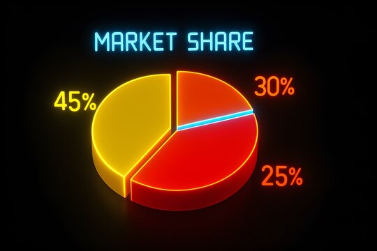 Horizontal 3D Pie Chart Illustration &ndash; Neon Yellow, Orange, and Red Glowing Slices on Black Background with Electric Blue Highlight Strip, Market Share Digital Title