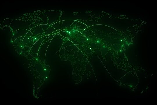 Digital World Map on Black Background &ndash; Neon Green Glowing Lines Connecting Cities with Pulsating Points, Dynamic Global Network and Communication Visualization