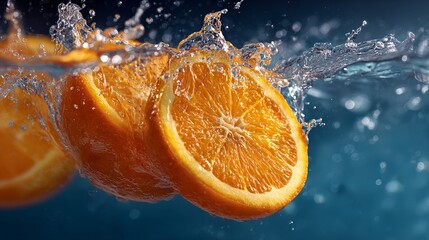 Vibrant orange slices splashing into clear water creating a refreshing and dynamic visual for healthy food and beverage advertising