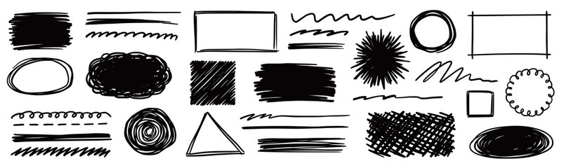 Shape hand drawn set. Grunge shape design with hand drawn scribble line, rough brush stroke frame and pencil sketch shape. Circle, rectangle frame and underline texture. Vector illustration © Polina Tomtosova