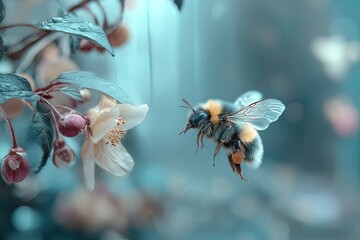 A bee in flight near delicate spring blossoms.