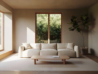 Fototapeta premium Japandi style living room design in neutral colors and sunlight