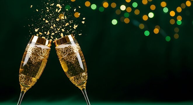 Ornate champagne flutes with gold filigree and leaf flakes on emerald velvet background - Powered by Adobe