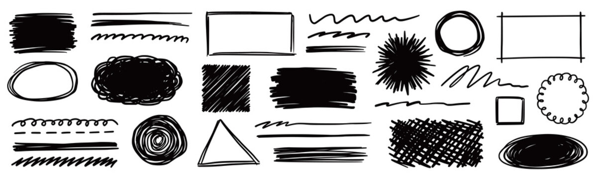 Shape hand drawn set. Grunge shape design with hand drawn scribble line, rough brush stroke frame and pencil sketch shape. Circle, rectangle frame and underline texture. Vector illustration