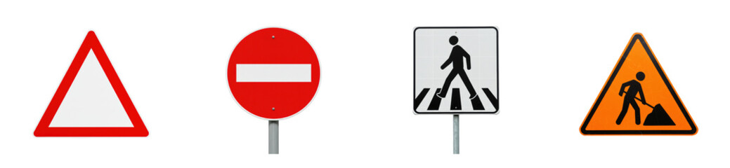 Traffic safety signs displaying cautionary measures for pedestrians and drivers in urban settings. Cut out set png