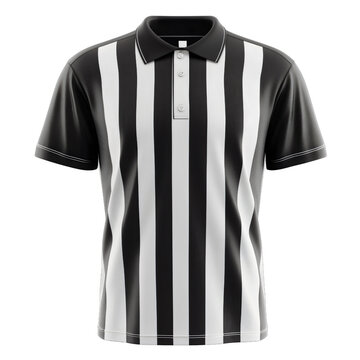 Isolated referee shirt with black and white stripes, the official uniform for a sports umpire, a classic piece of sportswear for football, soccer, or basketball, symbolizing the authority of the game