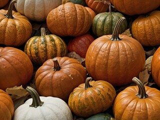 Autumn Harvest Flat Lay with Pumpkins and Colorful Leaves on White Background with Left-Side Free Space