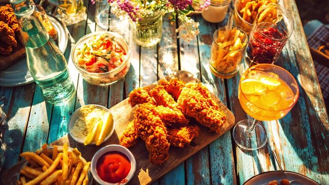 Fast food, different snacks and cold lemonade on wooden table in the garden. Summer picnic concept, lunch in nature