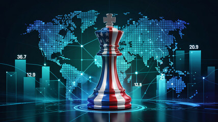 Strategic business leadership represented by chess piece over world map and financial data analysis