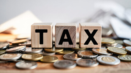 Tax time arrival concept with wooden blocks and coins representing financial obligations and accounting