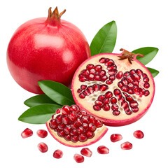 Pomegranate fruit with green leaves isolated on a white background