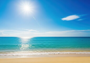 Bright sunny day over a calm turquoise ocean with gentle waves lapping on a sandy beach
