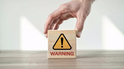 Caution ahead! Hand places wooden block with warning symbol, representing risk management and safety protocols