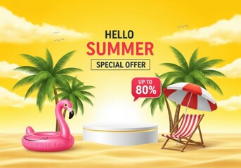 Fototapeta premium Hello summer special offer with up to 80 discount on a tropical beach with flamingo and umbrella