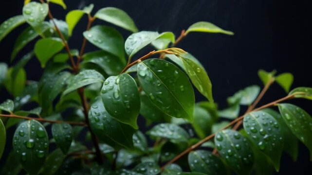 Lush Green Plant with Water Droplets in Gentle Rainfall Against a Dark Backdrop with Detailed Leaves and Branches in Natural Lighting