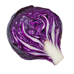 Obraz premium Isolated cross section of a fresh raw red cabbage, a healthy organic vegetable with a vibrant and beautiful pattern of purple layers, a perfect crunchy ingredient for a vegetarian coleslaw