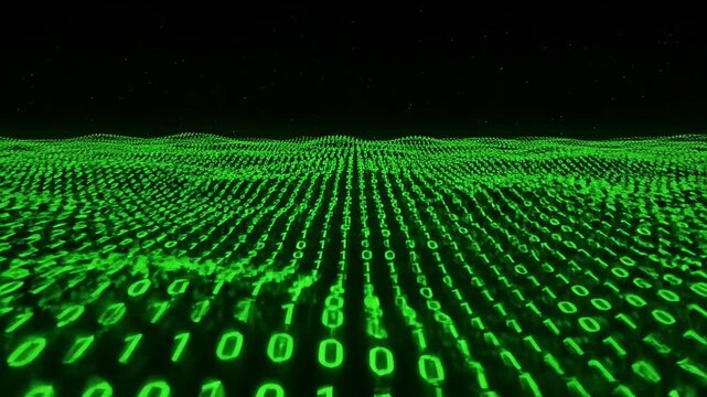 Green Binary Code Wave - An abstract visualization of binary code (0s and 1s) forming a three-dimensional wave.