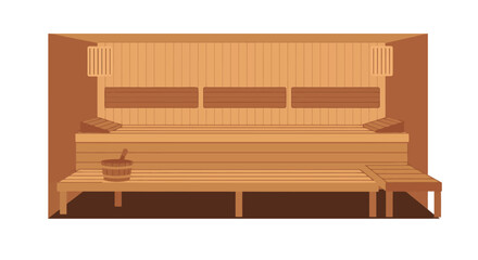 Fototapeta premium Flat vector illustration showcasing a cozy sauna interior featuring wooden benches