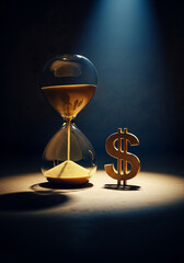 Photo of hourglass with sand flowing next to a dollar sign symbolizing the relationship between time and money