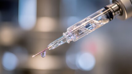 Precise medium shot capturing genedelivery nanoparticle injection process for inbody CART therapy syringe and fluid in clear focus against softly blurred sterile lab environment.