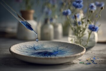 Obraz premium Close-up of a pipette dropping blue liquid into a patterned dish with blurred bottles, delicate blue flowers, on rustic wooden surface, creative abstract design.