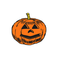 Stylized orange pumpkin with a carved face, showcasing seasonal Halloween elements with a playful and decorative design, a traditional autumn symbol