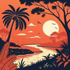 Stylized vector illustration of a tropical river landscape at sunset with palm trees and birds