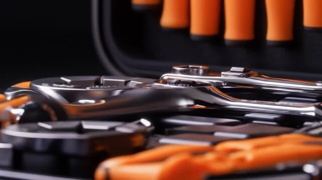 Mechanical tools set in case with wrenches and orange handles for professional repair and maintenance