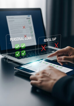 Photo of a person is completing an online personal loan application on a laptop and tablet with digital approval and denial marks