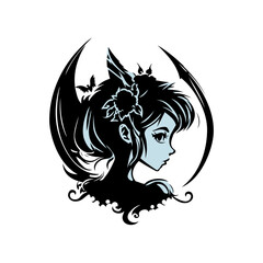 Stylized dark fantasy portrait of a gothic young woman with bat wings and decorative elements, showcasing a whimsical yet mysterious aesthetic with a hint of ethereal beauty and gothic charm.