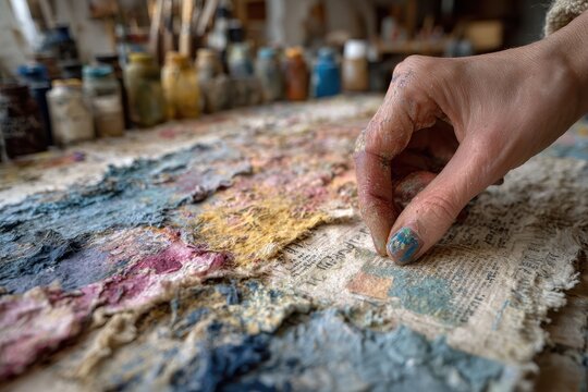 Close-up of an artist's textured hand working on a mixed media art project with layers of colorful paint and collage on a textured surface, in a creative studio environment. - Powered by Adobe