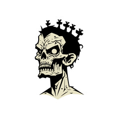 Stylized skull head with spiky crown and dark hair, dramatic expression, graphic illustration, isolated on white