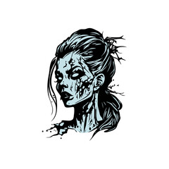 Stylized portrait of a zombie woman with pale skin, tattered clothing, and dark, messy hair, conveying a horror theme with a graphic art style.