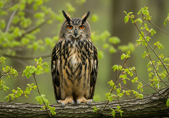 Obraz premium Eurasian Eagle Owl perched on a tree branch in a forest during spring