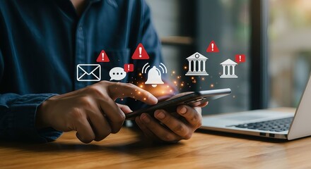 Mobile Notification and Alert Interface with Financial and Communication Warning Icons in Digital Risk Environment