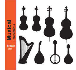 Vector illustration of a set of laboratory equipment, classical musical instruments, and light bulbs