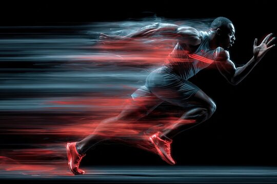 Young, athletic, dark-skinned man running at full speed, blurred image to create a sense of motion, photography, perfect for magazine covers, promotional materials
