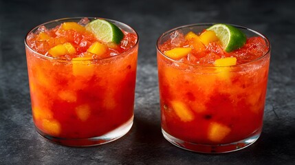 Two glasses of a refreshing fruit cocktail.