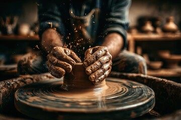 The hands of a potter shaping a clay pot on a spinning wheel, demonstrating the artistic process with skill and precision in a workshop environment, creating unique ceramics.