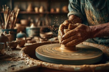 Close-up shot of skilled craftsman's hands shaping clay on a spinning pottery wheel in a traditional workshop setting with various tools and finished products.