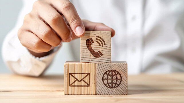 Hand stacking wooden blocks with contact icons phone mail globe representing communication strategy
