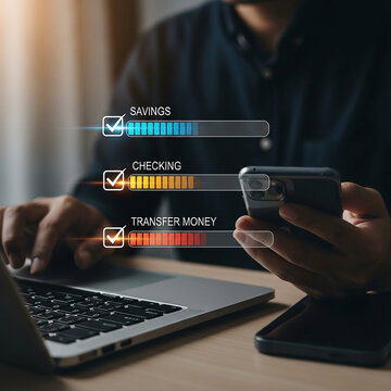 Photo of man using a laptop and smartphone for online banking and money transfer with progress bars showing account balances