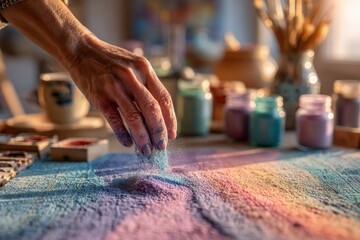 Obraz premium Close-up of artist's hand scattering colorful pigment on textile, creating artful textures and vibrant gradients, studio setting and natural light ambiance.