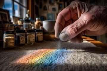 An artist's hand sprinkling pigment powder onto a vibrant rainbow, creating stunning visual art. Featuring a collection of antique pigment jars in the background.