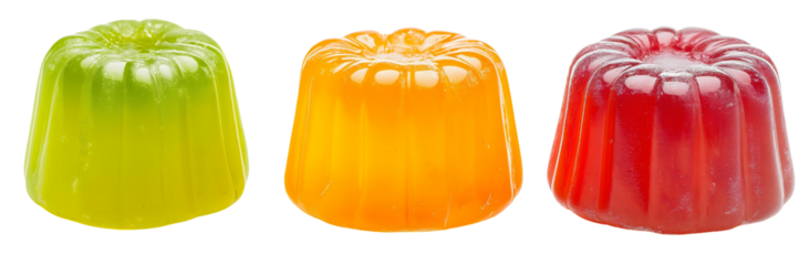 A trio of colorful jelly desserts in a row, a sweet and wobbly gelatin treat for a children's party, an isolated closeup of a fun and refreshing summer snack