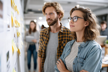 A creative young female professional with glasses, alongside a male colleague, observes a board filled with sticky notes, collaborating  focused and innovative brainstorming session in a modern office