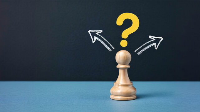 Pawn's choice, question mark overhead, and directional arrows symbolize decision making and strategy