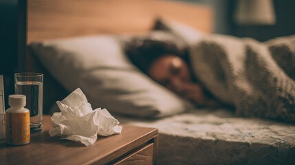 Cozy scene of a person resting at home surrounded by tissues, medicine, and a warm bowl of soup during illness and recovery.