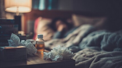 Cozy indoor scene of a person resting with medicine, tissues, and warm soup on a table. Comfort and care during illness at home.